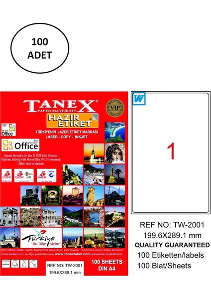 Tanex TW-2001 Lazer Etiket 199X289 mm 100 Adet