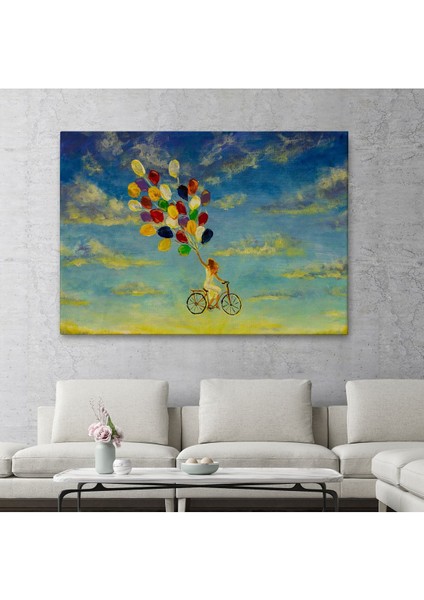 Renkli Balonlar Ile Uçan Bisikletli Kız Hd Baskı Kanvas TABLO-5036