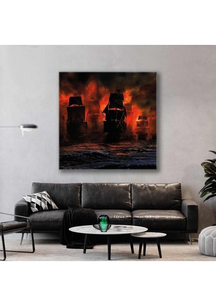 Gece Denizde Dumanarın Içindeki Gemiler Kare Hd Baskı Kanvas Tablo