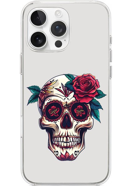 Apple iPhone 16 Pro Uyumlu Güllü Kafatası Desenli Silikon Kılıf