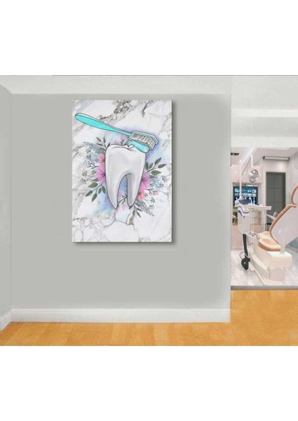 Diş ve Diş Fırçası, Diş Macunu ve Çiçekler Diş Hekimi, Dişçi Hd Baskı Kanvas Tablo