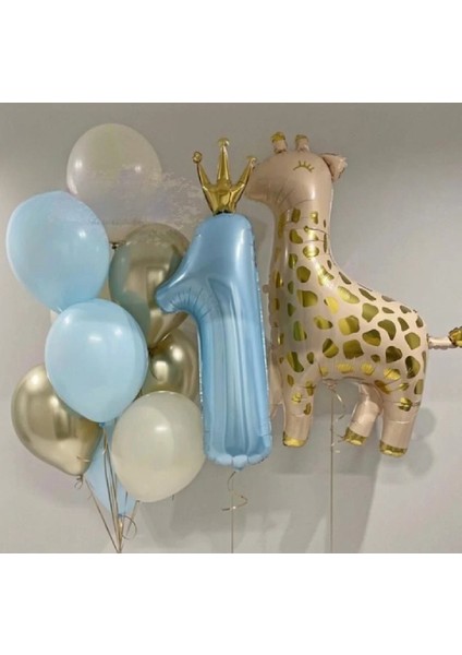 Zürafa Folyo Balonlu Blue Crown Balon Doğum Günü Parti Seti Süsü