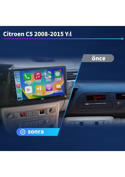 Citroen C5 2008-2015 Yıl Android Sürüm 13 Kablosuz Carplay Navigasyon Multimedya 10 Inç Ekran 4G Ram + 32GB Hafıza Çerçeve ve arka görüş kamerası ile