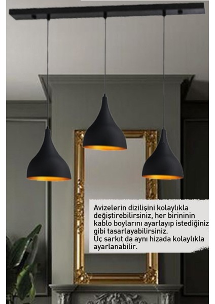 Üçlü Uzun Siyah Avize Sarkıt Lamba Salon Masaüstü Mutfak Oturma Odası Otel Avizesi Modelleri