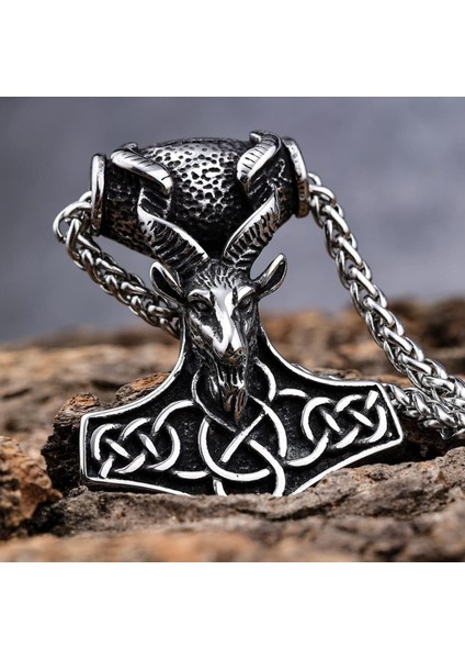 Viking Thor Mjölnir Temalı Erkek Kolye | Keçi Başı | Paslanmaz Çelik | 60 cm Zincir