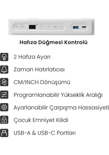 Elektrikli Çalışma Masası Yüksekliği Ayarlanabilir Hafızalı 1x Type-C 1x Usb-A Kablosuz Şarj ve Kucak Çekmeceli