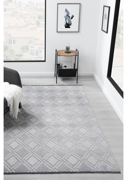 Bukle Gri Kaymaz Taban Makinede Yıkanabilir Kilim Balkon Mutfak Halısı Bk190 120 x 180