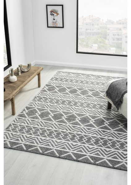 Ipar Gri Çift Taraflı Dokuma Kilim Balkon Mutfak Oturma Odası Halısı Ip0041 80 x 150