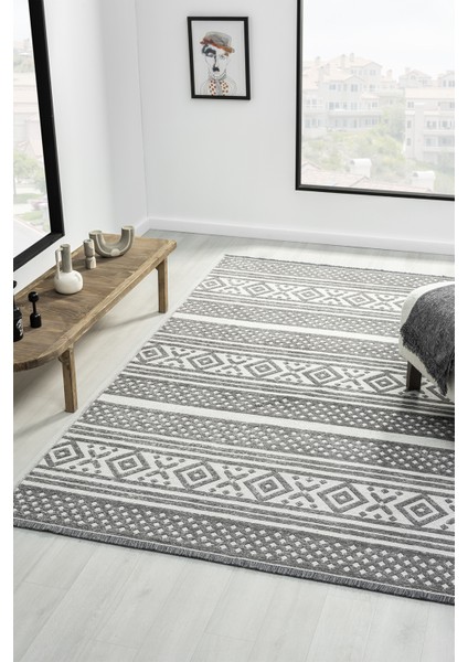 Ipar Gri Çift Taraflı Dokuma Kilim Balkon Mutfak Oturma Odası Halısı Ip0042 80 x 300