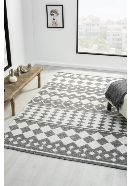 Ipar Gri Çift Taraflı Dokuma Kilim Balkon Mutfak Oturma Odası Halısı Ip0032 80 x 150