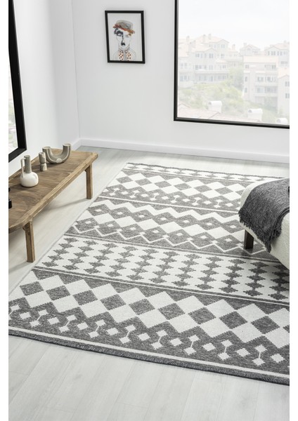 Ipar Gri Çift Taraflı Dokuma Kilim Balkon Mutfak Oturma Odası Halısı Ip0032 120 x 180