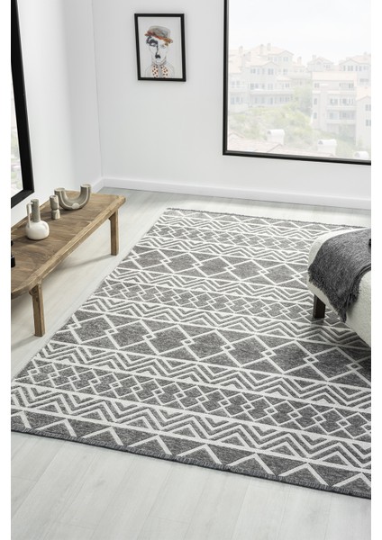 Ipar Gri Çift Taraflı Dokuma Kilim Balkon Mutfak Oturma Odası Halısı Ip0041 160 x 230