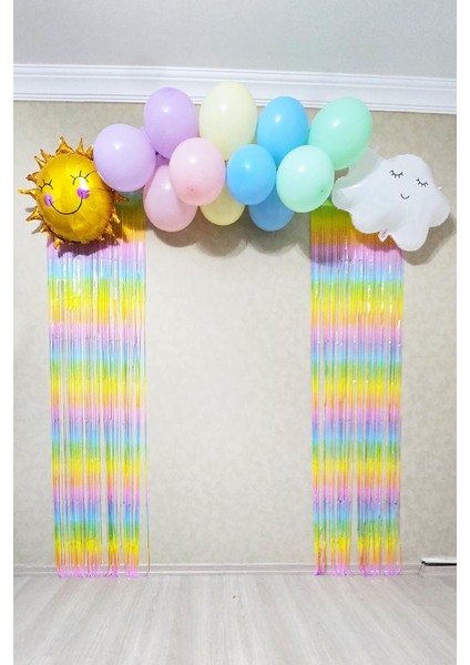 Gökkuşağı Konsept Bulut Güneş Balonlu Makaron Fon Perdeli Balon Zinciri Seti