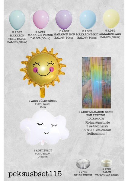 Gökkuşağı Konsept Bulut Güneş Balonlu Makaron Fon Perdeli Balon Zinciri Seti fiyatları