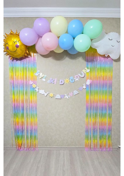 Gökkuşağı Konsept Bannerlı Bulut Güneş Balonlu Makaron Fon Perdeli Balon Zinciri Seti