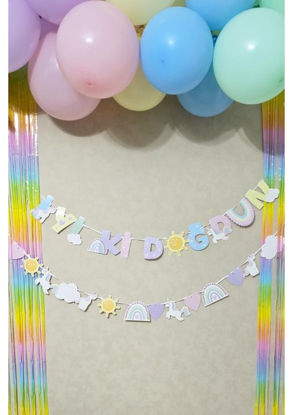 Gökkuşağı Konsept Bannerlı Bulut Güneş Balonlu Makaron Fon Perdeli Balon Zinciri Seti modelleri