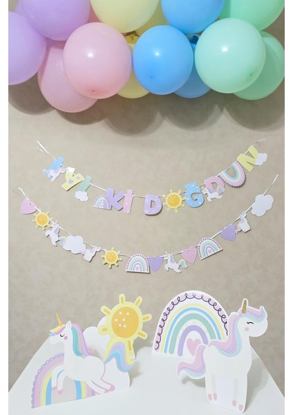 Gökkuşağı Unicorn Konsept Bannerlı Masa Üstü Pano Setli