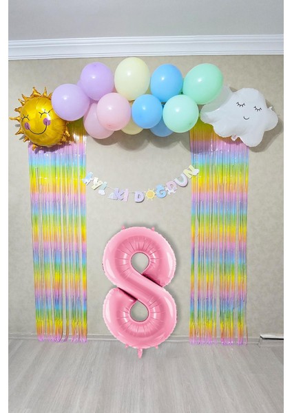 Gökkuşağı Konsept Pembe Yaş Balonu Parti Süeleme Seti Balon Zinciri Seti