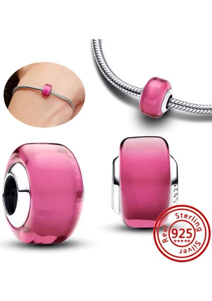 Lines Bijuteri Gümüş Pembe Mini Murano Cam Charm