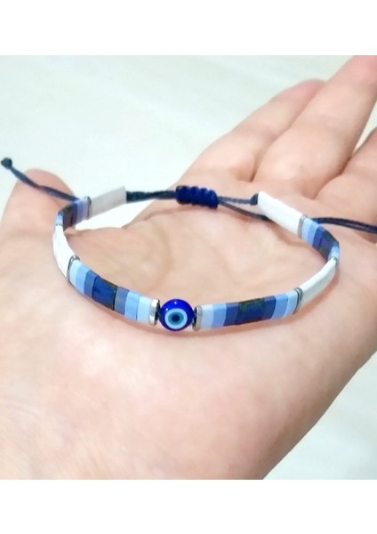 Nazar Boncuklu Hematit Doğaltaşlı Lacivert Mavi Beyaz Miyuki Tila Unisex Bileklik