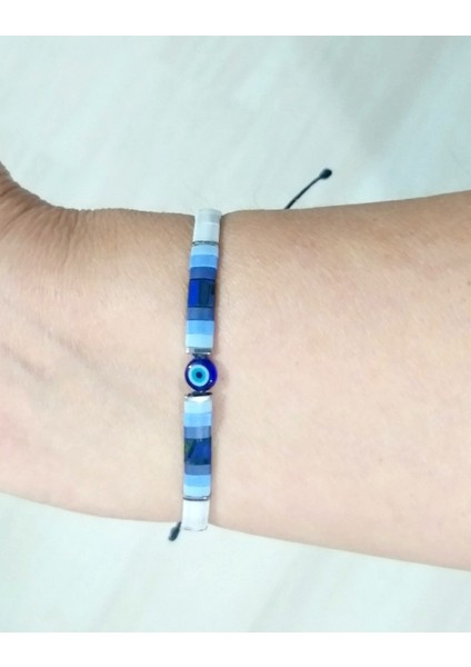 Nazar Boncuklu Hematit Doğaltaşlı Lacivert Mavi Beyaz Miyuki Tila Unisex Bileklik fiyatları