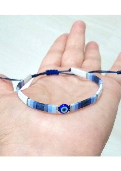 Nazar Boncuklu Hematit Doğaltaşlı Lacivert Mavi Beyaz Miyuki Tila Unisex Bileklik indirimleri
