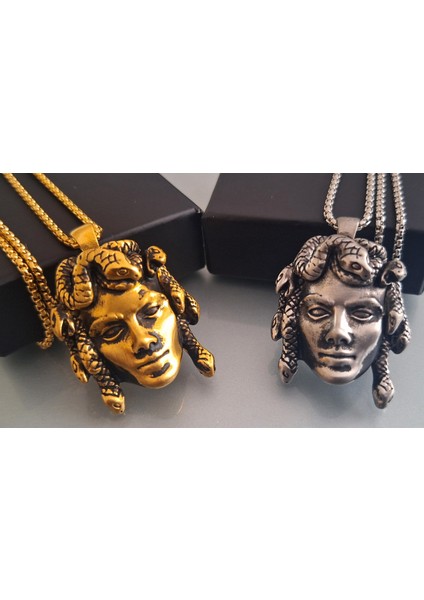 Antik Eskitme Gotik Tarz Paslanmaz Çelik Yılan Detaylı Medusa Kolye modelleri