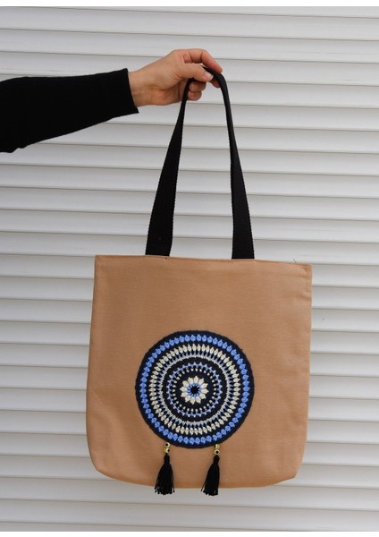 Mavi Beyaz Mandala Örgülü Bez Omuz Çantası fiyatları
