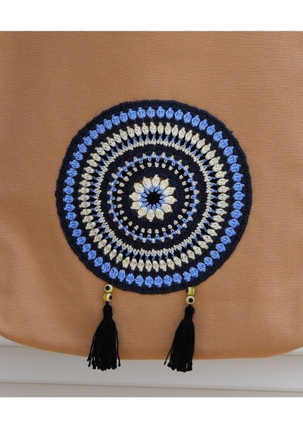 Mavi Beyaz Mandala Örgülü Bez Omuz Çantası modelleri