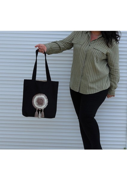 Krem Ebruli Mandala Örgülü Bez Omuz Çantası