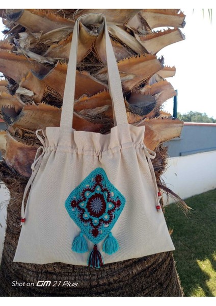 Büzgülü, Fıstık Yeşili Otantik Kare Motifli Tote Bez Omuz Çantası modelleri