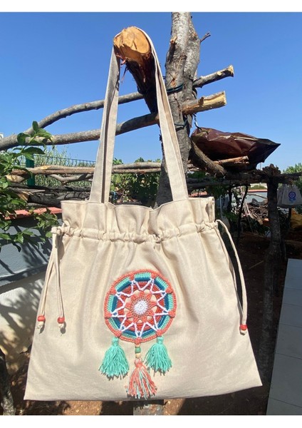Püsküllü Yıldız Mandala Detaylı Tote Bez Omuz Çantası