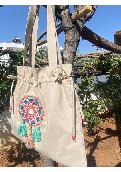 Püsküllü Yıldız Mandala Detaylı Tote Bez Omuz Çantası modelleri