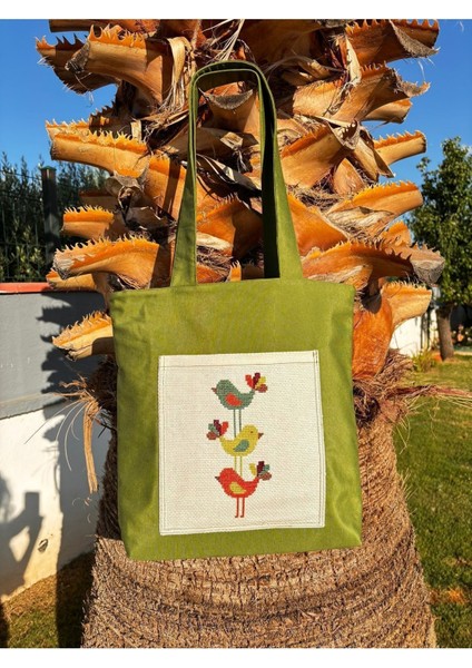 3 Kuş Etamin Nakış Detaylı Bez Omuz Çantası