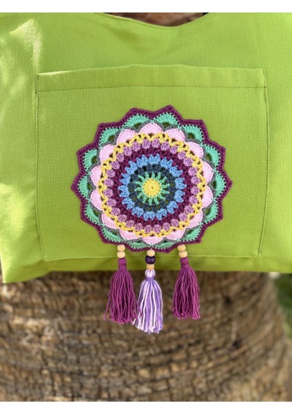 Örgü Mandala Cep Detaylı Fıstık Yeşili Bez Omuz Çantası modelleri