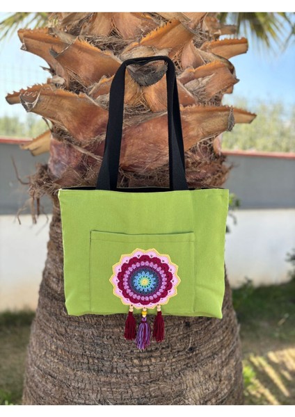 Örgü Mandala Cep Detaylı Fıstık Yeşili Bez Omuz Çantası indirimleri