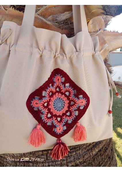 Büzgülü, Bordo Otantik Kare Motifli Tote Bez Omuz Çantası