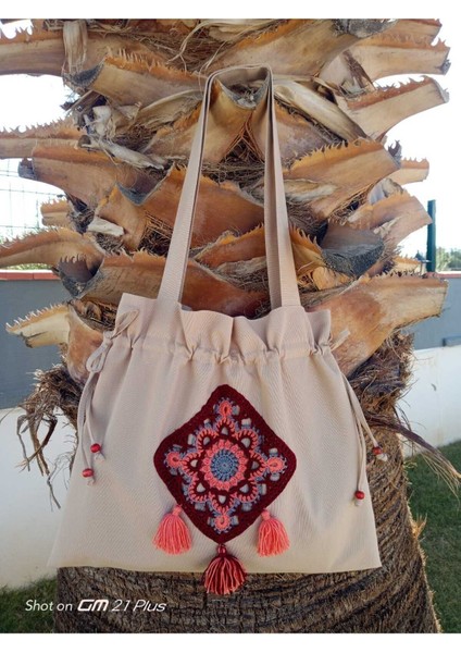Büzgülü, Bordo Otantik Kare Motifli Tote Bez Omuz Çantası modelleri