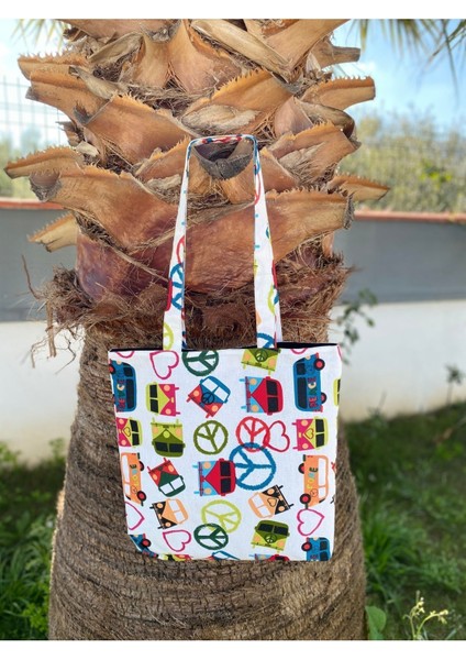 Beyaz Zeminde Araba, Barış Sembolü ve Kalp Desenli Bez Tote Omuz Çantası