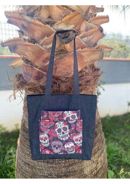 Gothic Detaylı Ön Cepli Bez Tote Omuz Çantası