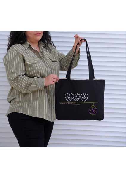 Aykırı Baykuş Siyah Bez Omuz Çantası