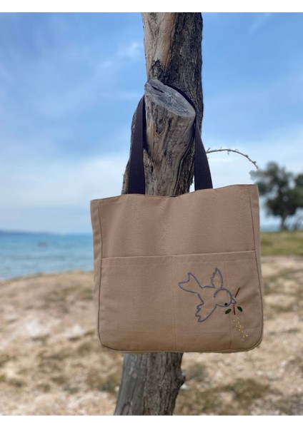 Kuş Detaylı Nakışlı Bez Omuz Çantası