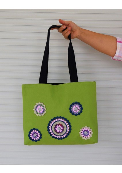 Pembe/lacivert Yavrulu Mandala Detaylı Yeşil Bez Çanta