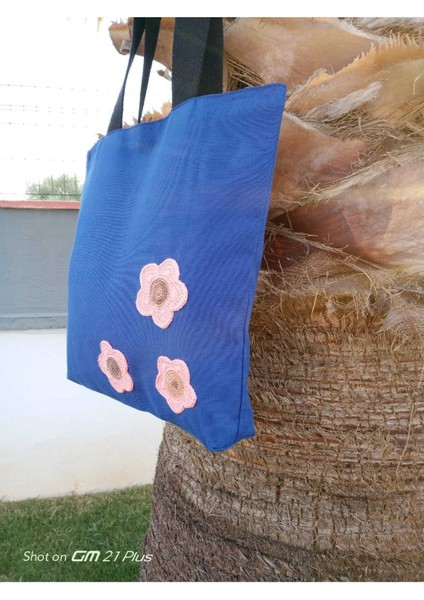 Köşede 3'lü Çiçekler (Pembe) Mavi Bez Omuz Çantası