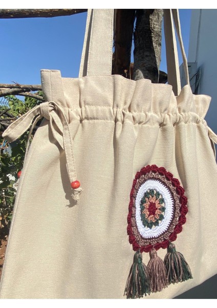 Büzgülü, Bordo/beyaz Otantik Motif Detaylı Tote Bez Omuz Çantası