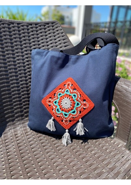 Kare Otantik Örgü Motifli Bez Omuz Çantası