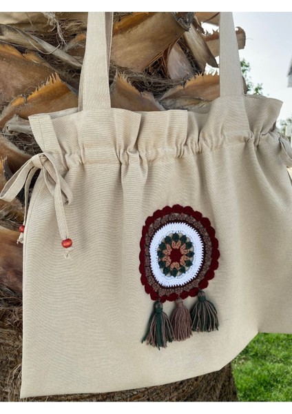 Büzgülü, Bordo/beyaz Otantik Motif Detaylı Tote Bez Omuz Çantası modelleri