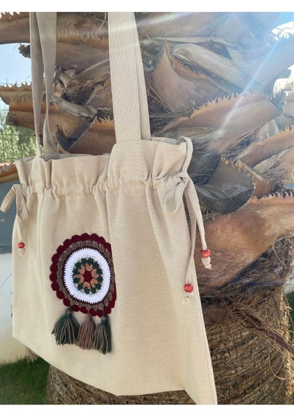 Büzgülü, Bordo/beyaz Otantik Motif Detaylı Tote Bez Omuz Çantası fırsatları