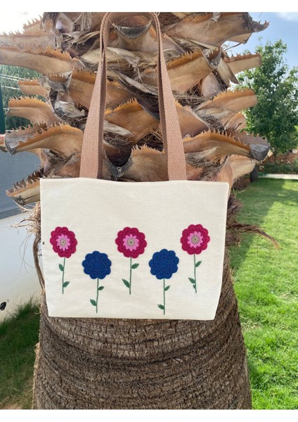 Fuşya/lacivert Çiçek Bahçesi Krem Rengi Bez Omuz Çantası