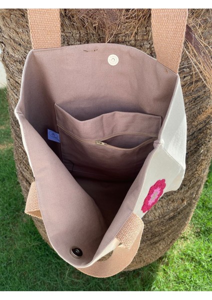 Fuşya/lacivert Çiçek Bahçesi Krem Rengi Bez Omuz Çantası modelleri